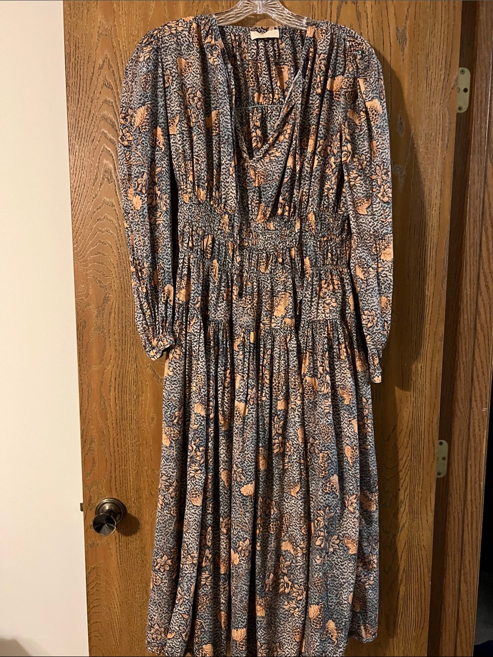 Ulla Johnson Blue and Peach Floral Tiered Long-Sleeve Dress